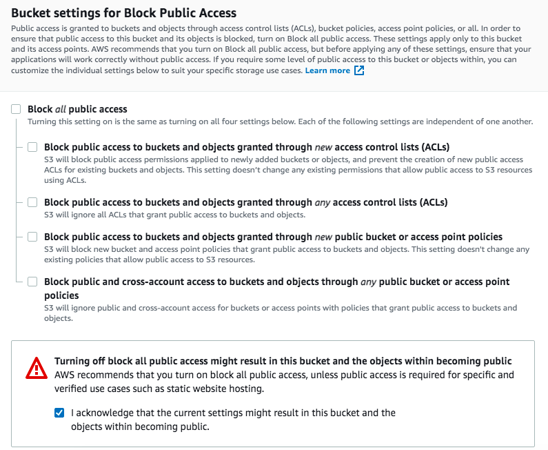 Remove S3 access blocking and make the bucket public